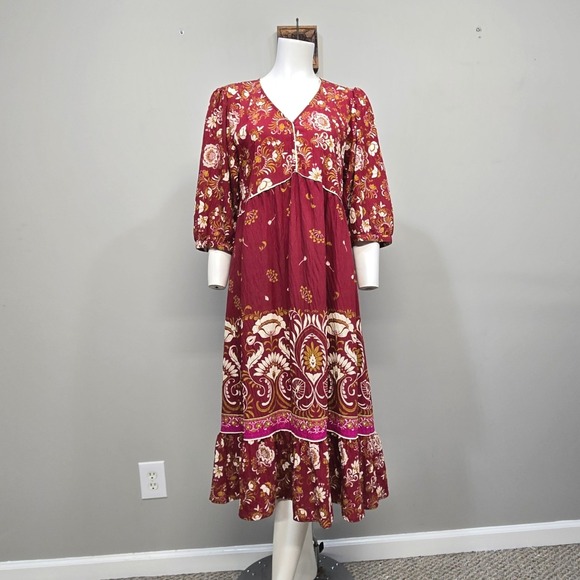 figueroa & flower Dresses & Skirts - Figueroa & Flower Midi Dress Large Burgundy Floral Boho Peasant Cottage Romantic